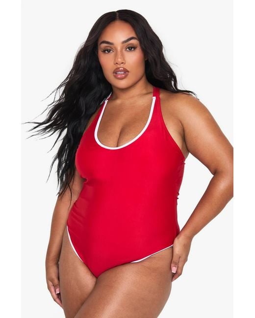 Boohoo Red Plus Contrast Binding Bathing Suit