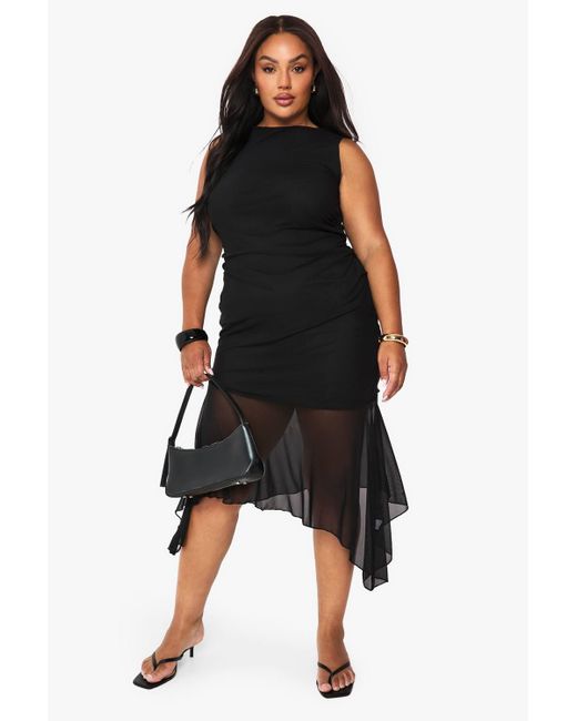 Boohoo Black Plus Ruched Mesh Drop Hem Midi Dress