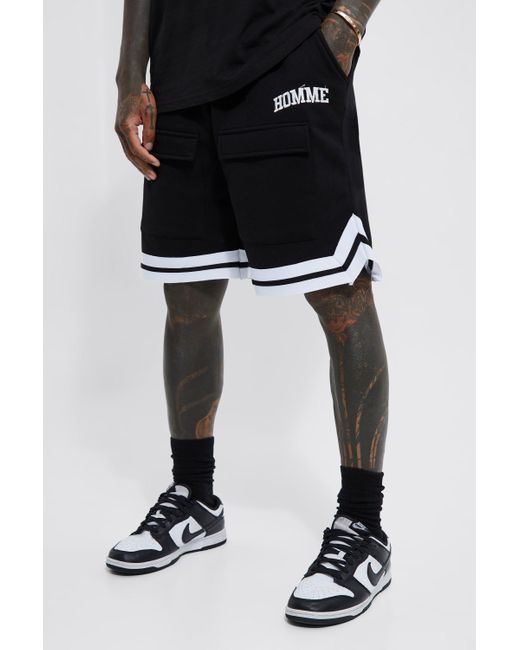 BoohooMAN Relaxed Fit Mid Length Cargo Basketball Short in Black for