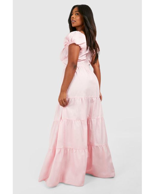Boohoo Pink Plus Poplin Milkmaid Puff Sleeve Maxi Dress