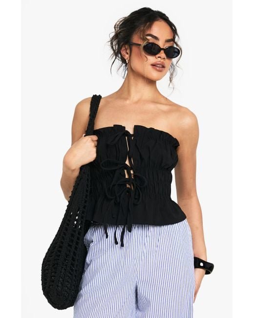 Boohoo Black Bengaline Bandeau Tie Front Corset