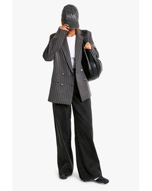 Boohoo Gray Pinstripe Oversized Double Breasted Blazer