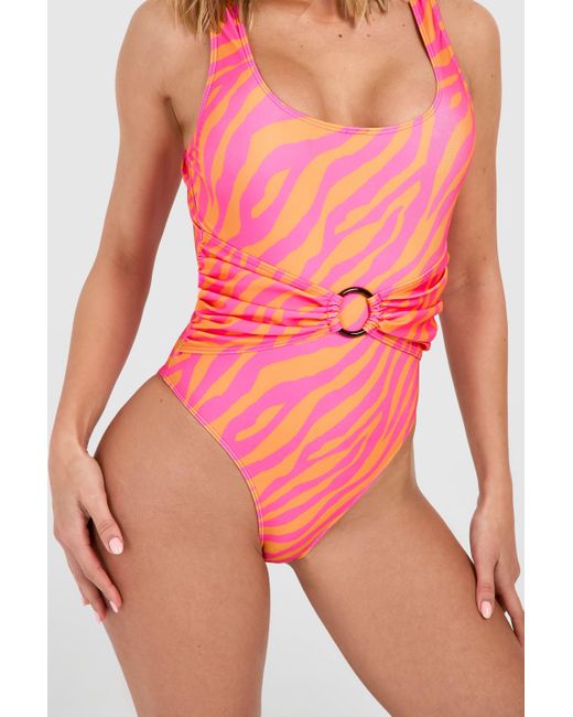 Tummy Control Zebra O-Ring Scoop Swimsuit Boohoo de color Pink