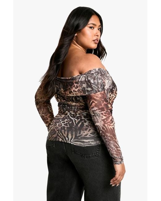 Boohoo Gray Plus Leopard Mesh Bardot Top
