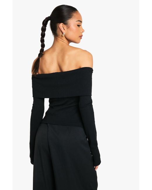 Boohoo Black Popper Detail Off The Shoulder Long Sleeve Top