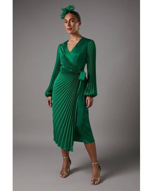Coast Women's Green Satin Pleated Wrap Dress