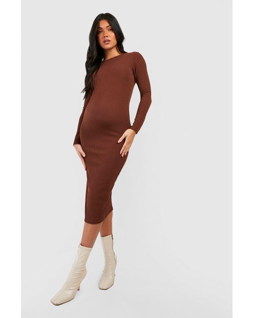 Vestido Premamá Midi Ajustado De Canalé Fruncido de Boohoo de color Marrón  | Lyst