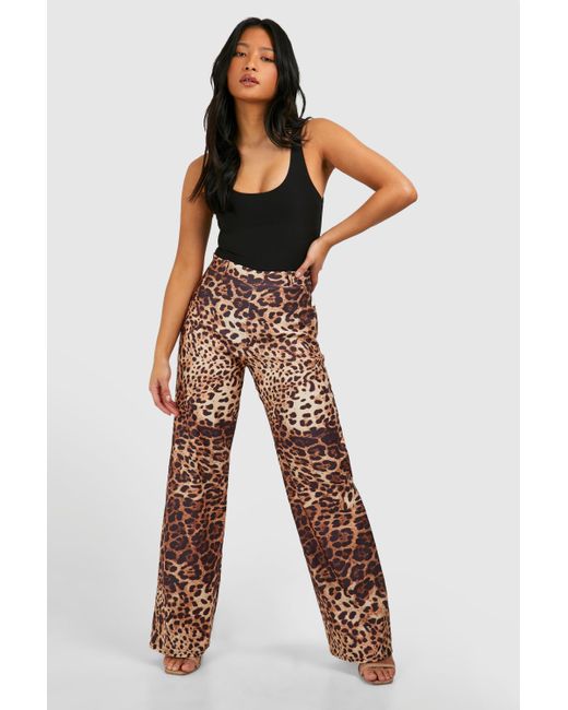 Boohoo Natural Petite Leopard Print Straight Leg Bengaline Trouser