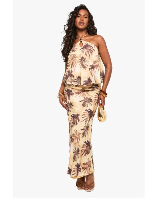 Boohoo Natural Chiffon Palm Print Maxi Skirt
