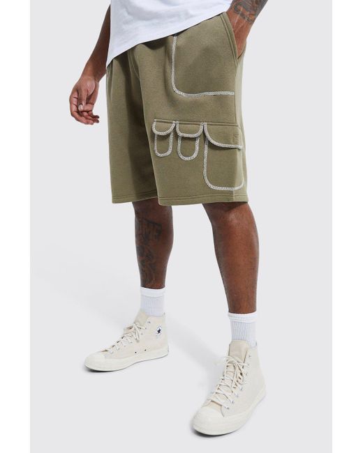 BoohooMAN Plus Loose Fit Multi Cargo Topstitch Short in Green for Men Lyst