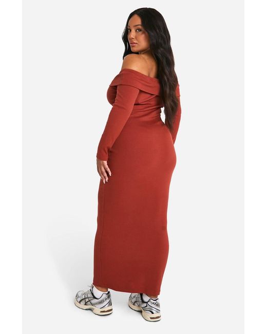 Boohoo Red Plus Basic Rib Bardot Maxi Dress