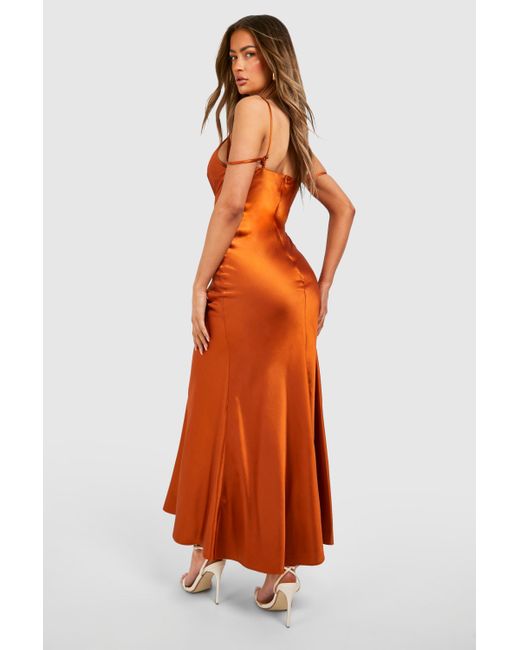 Boohoo Orange Satin Strappy Plunge Maxi Slip Dress