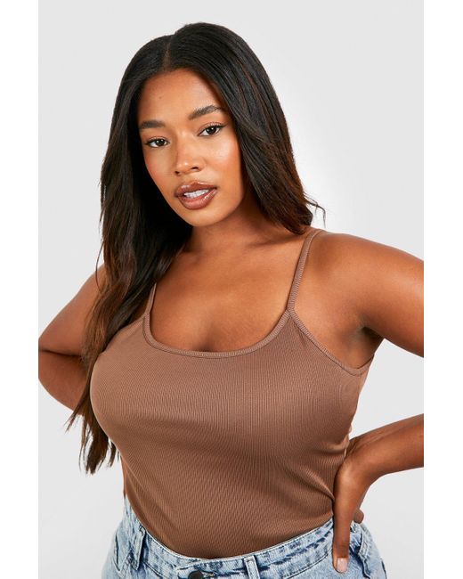 Boohoo Plus Rib Strappy Vest Top in Brown | Lyst