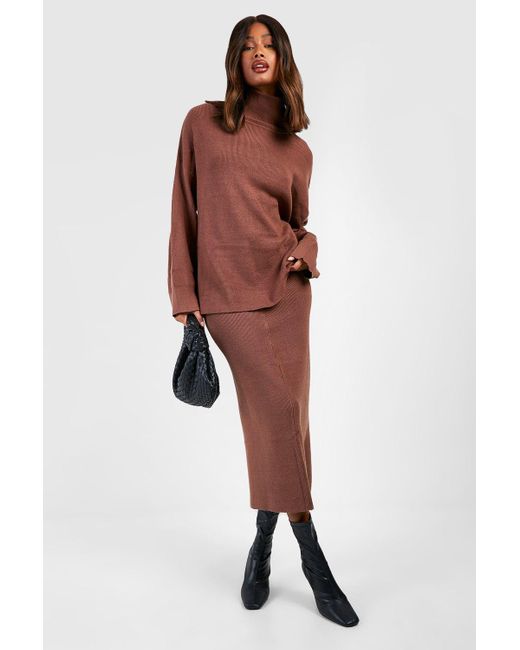 Boohoo Brown Fine Gauge Turtleneck Sweater And Skirt Knitted Set