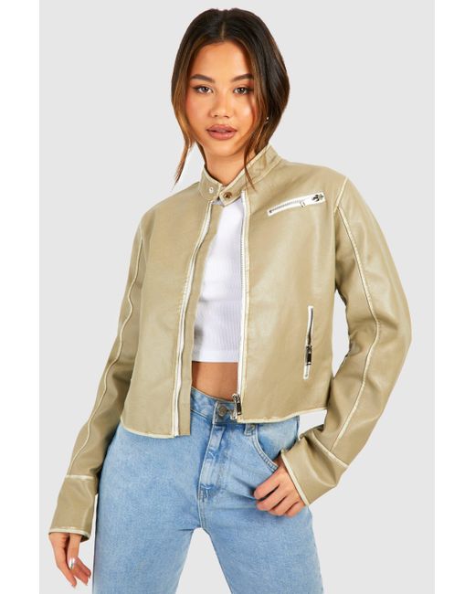 Boohoo White Fitted Moto Vintage Look Faux Leather Jacket