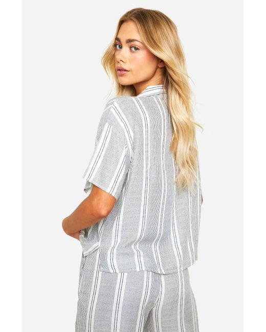 Boohoo White Tonal Stripe Linen Look Relaxed Fit Shirt