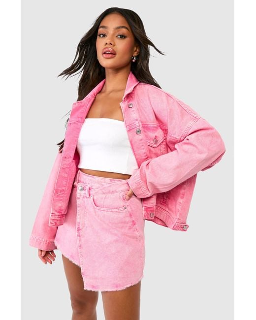 Boohoo Pink Acid Wash Wrap Denim Mini Skirt
