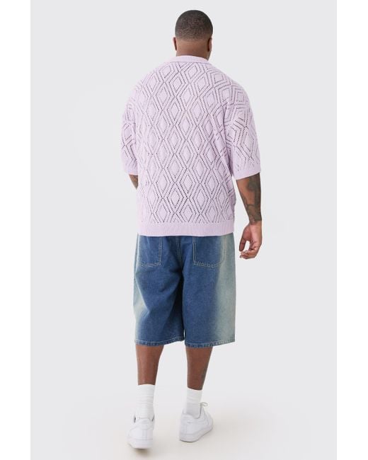 Boohoo Purple Plus Short Sleeve Boxy Fit Revere Open Knit Polo In Lilac