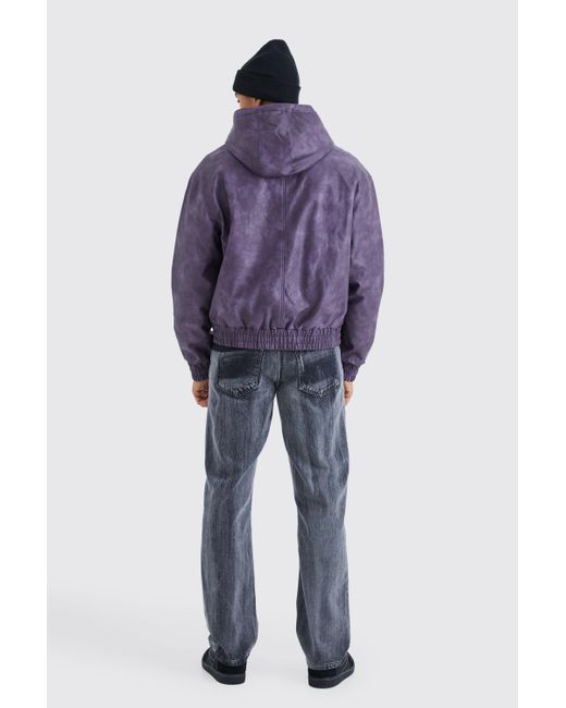 BoohooMAN Purple Washed Pu Bomber With Hood for men