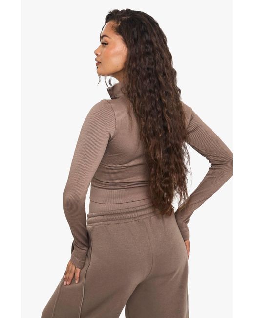 Boohoo Brown Basics Seamless Rib Zip Through Jacket