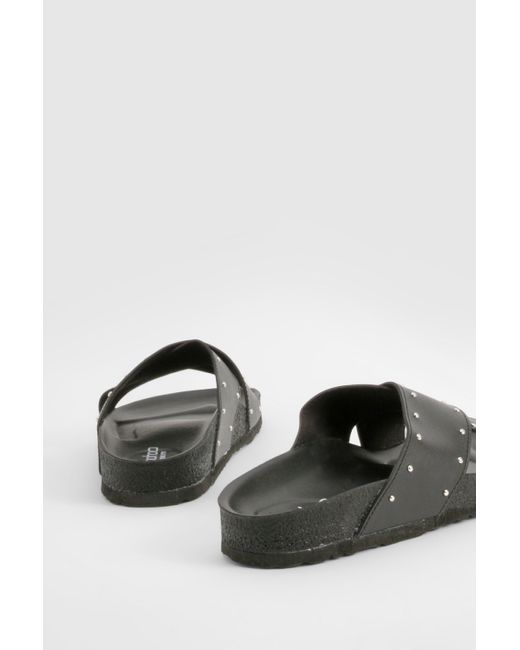 Wide Fit Cross Strap Studded Footbed Sliders Boohoo de color Gray