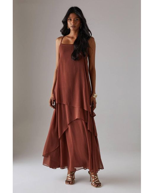 Warehouse Blue Chiffon Strappy Asymmetric Maxi Dress