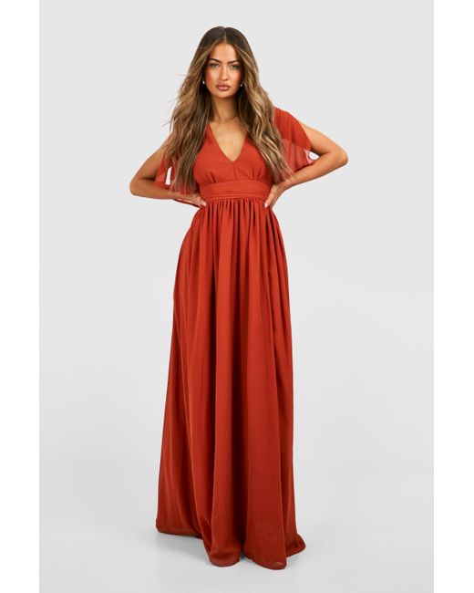Chiffon Plunge Rouched Maxi Dress Boohoo de color Red