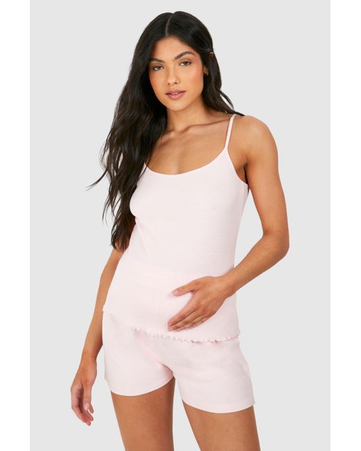 Boohoo White Maternity Ribbed Strappy Cami Pyjama Short Set