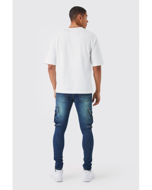 BoohooMAN Blue Super Skinny Stretch Cargo Jeans for men