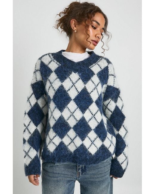 Boohoo Blue Premium Super Soft Brushed Knit V Neck Argyle Oversized Jumper