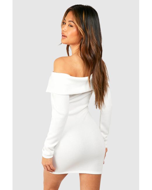 Boohoo White Bardot Heavy Rib Long Sleeve Mini Dress