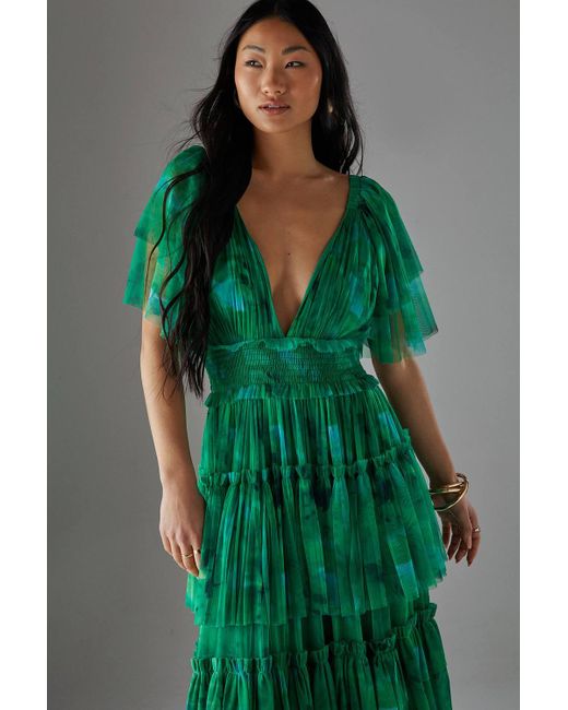 Warehouse Green Petite Tulle Floral Plunge Neck Flutter Sleeve Tier Maxi Dress