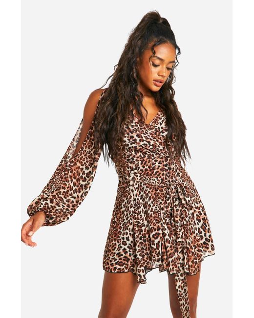 Boohoo Brown Leopard Godet Hem Lace Up Skater Dress