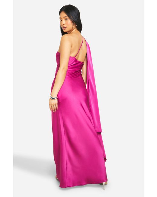 Boohoo Pink Petite Satin Draped Shoulder Maxi Dress