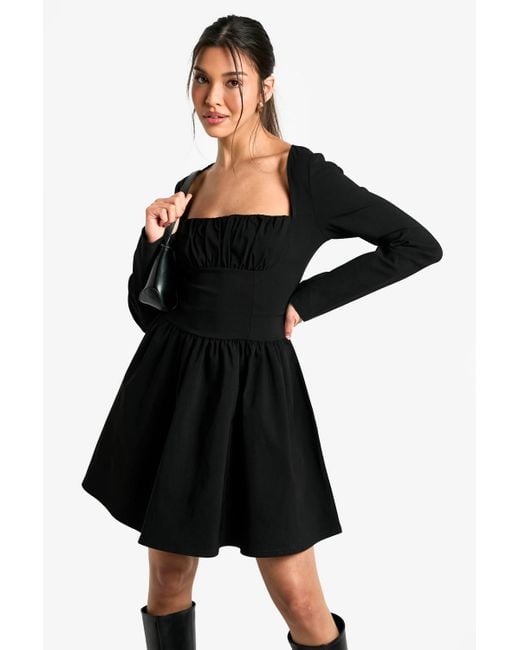 Boohoo Black Bengaline Corset Long Sleeve Skater Dress