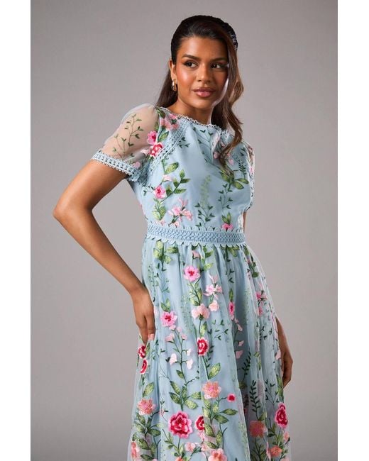 Coast Blue Petite Embroidered Mesh Midi Dress With Lace Trim