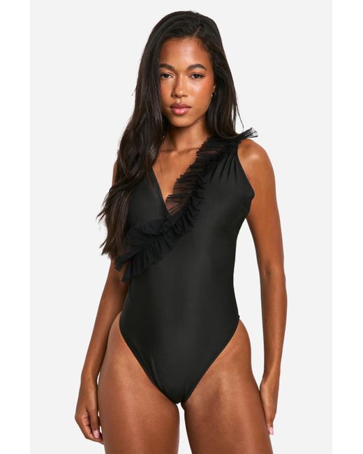 Ruffle Detail Strappy Swimsuit Boohoo de color Black