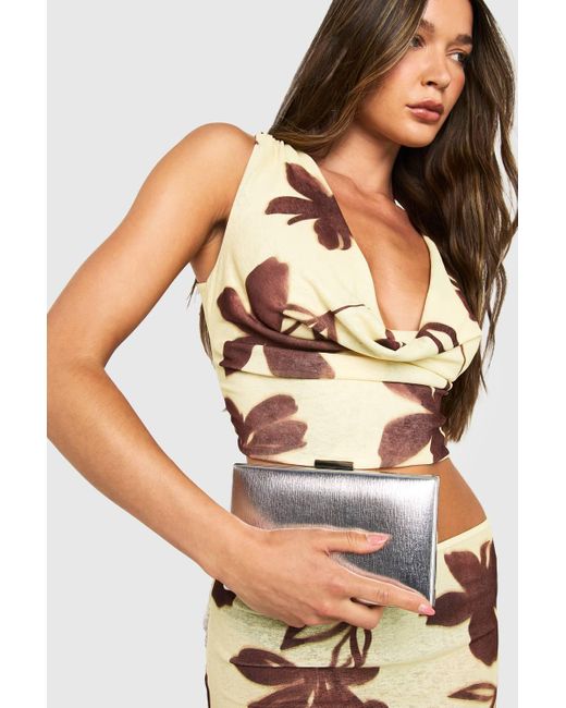 Boohoo Gray Metallic Structured Clutch Bag