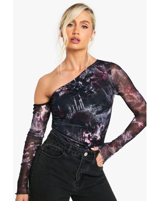 Boohoo Blue Petite Printed Mesh Asym Shoulder One Piece