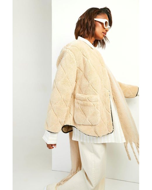 Boohoo Natural Onion Quilt Faux Fur Teddy Jacket