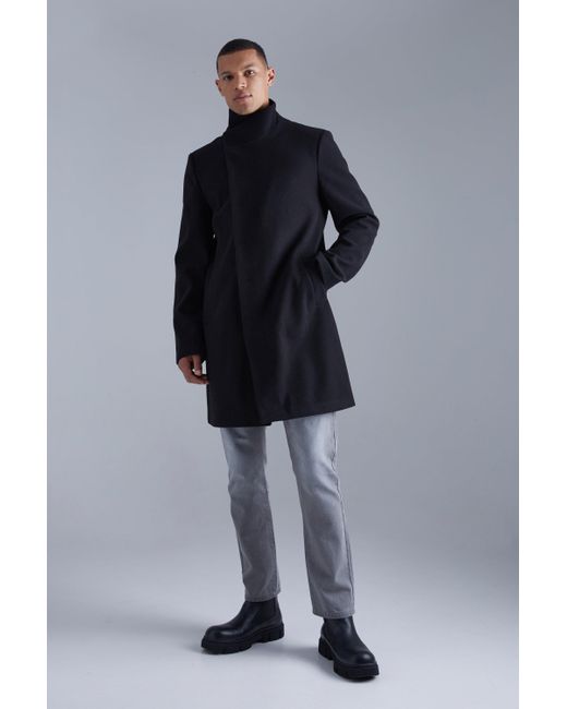 Boohoo Gray Tall Funnel Neck Wool Look Overcoat In Black