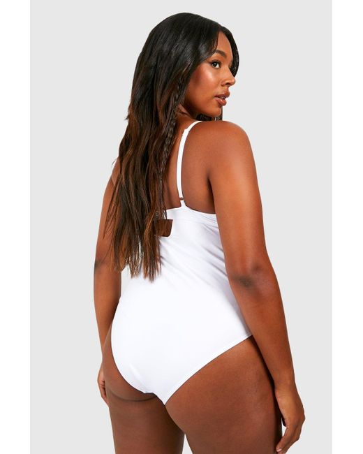 Boohoo Plus Ruched Control Swimsuit in White | Lyst UK