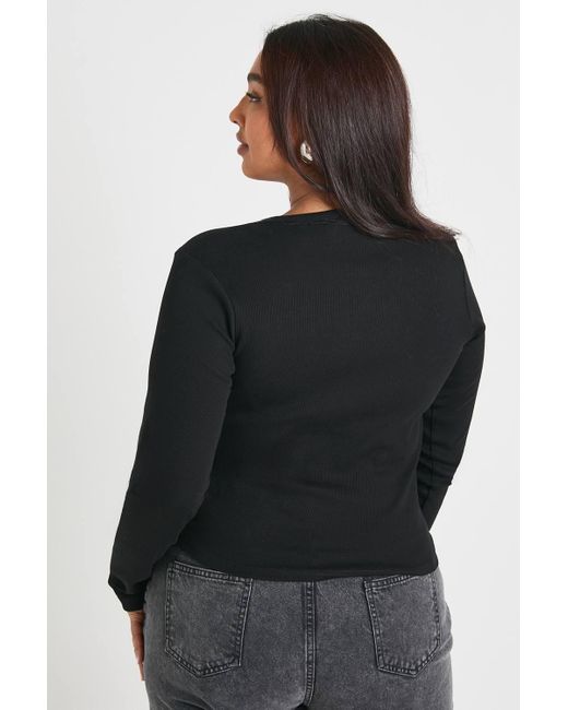 Boohoo Black Plus Rib Lace Trim Detail Button Through Long Sleeve Top
