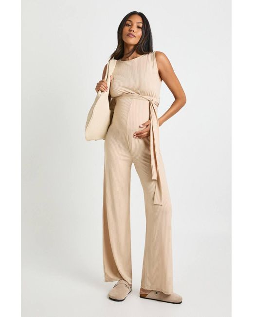 Boohoo Natural Maternity Rib Belted Sleeveless Lounge Jumpsuit
