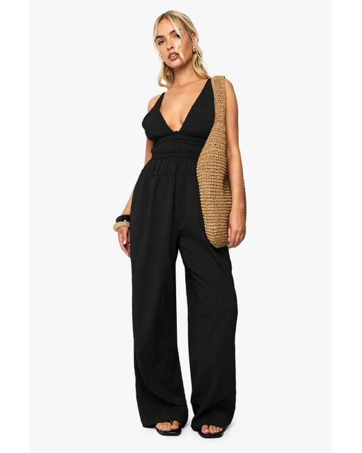Boohoo Black Textured Strappy Ruched Jumpsuit