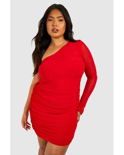 Boohoo Red Plus Mesh One Shoulder Ruched Bodycon Dress