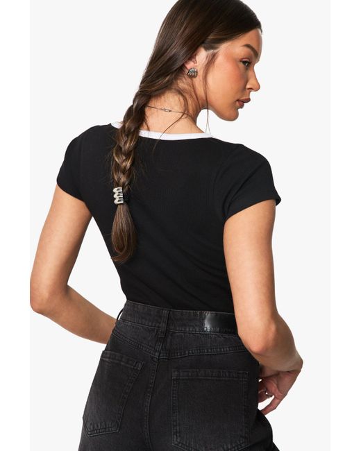 Boohoo Black Rib Contrast Binding Square Neck Short Sleeve One Piece
