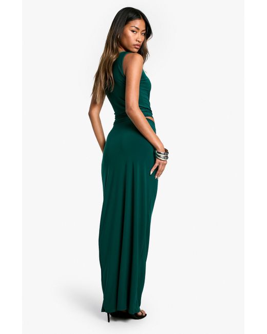 Boohoo Green Slinky One Shoulder Top And Maxi Skirt Set
