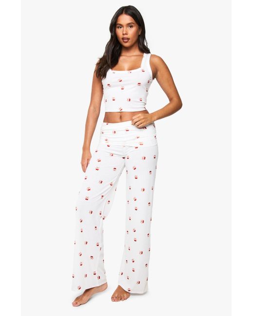 Boohoo White Cherry Print Soft Rib Tank Top & Pants Pyjama Set