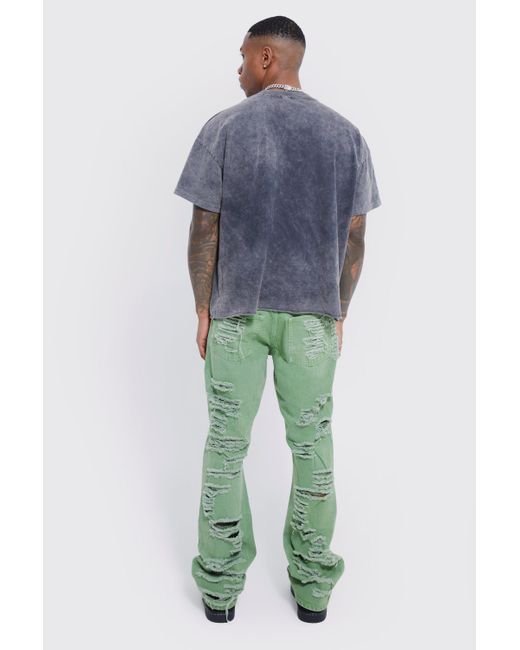BoohooMAN Green Slim Rigid Flare All Over Ripped Jeans for men
